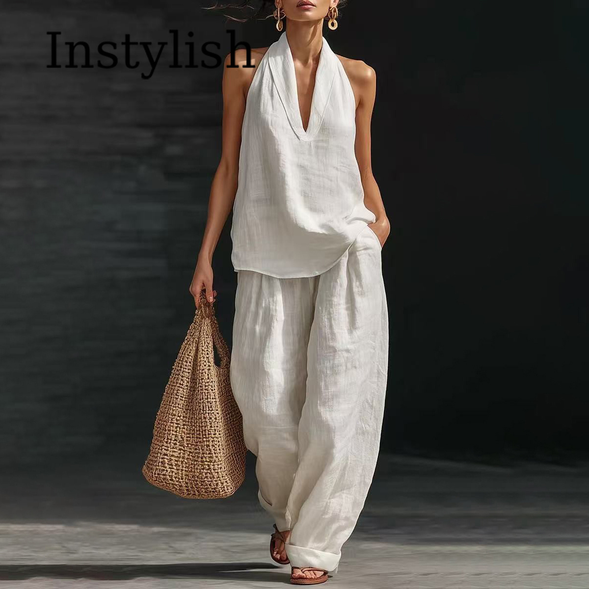 Linen Pant Wide - Summer Women's Casual Linen 2-piece Halter