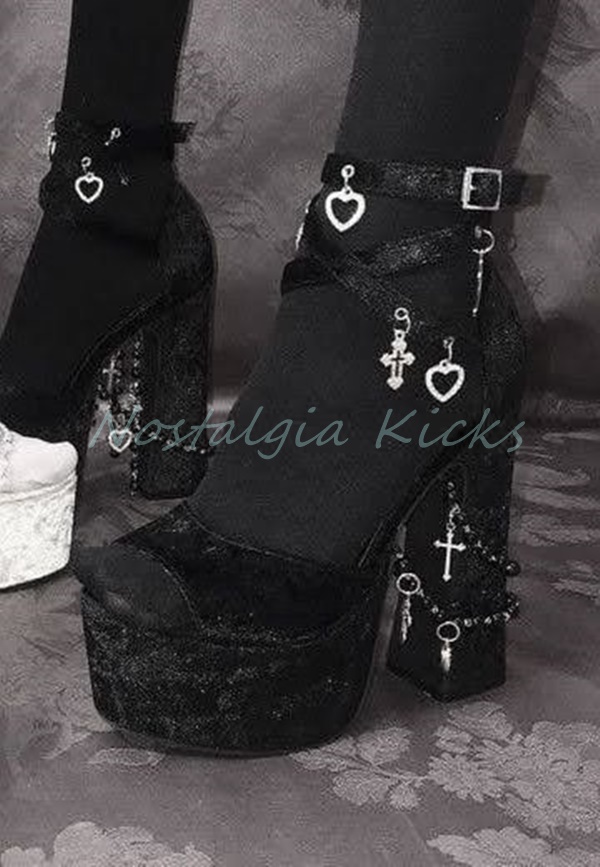 Gothic Black Velvet Platform H - Sandal Strappy Heeled ulasan dan harga
