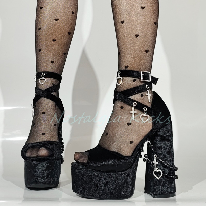 Gothic Black Velvet Platform H - Sandal Strappy Heeled ulasan dan harga