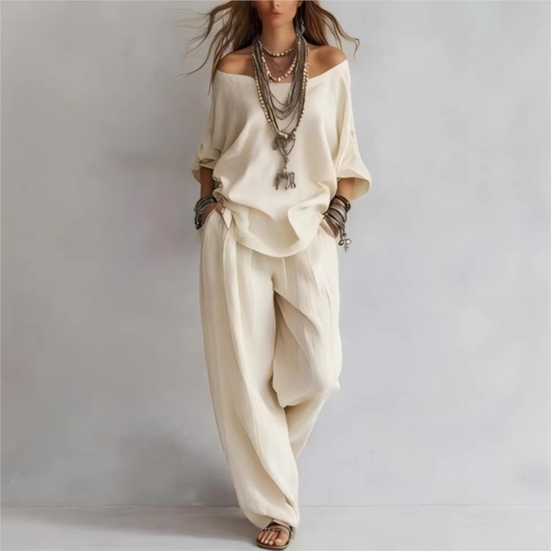 Women's Two-piece Three-quarte - Linen Pant Wide ulasan dan harga