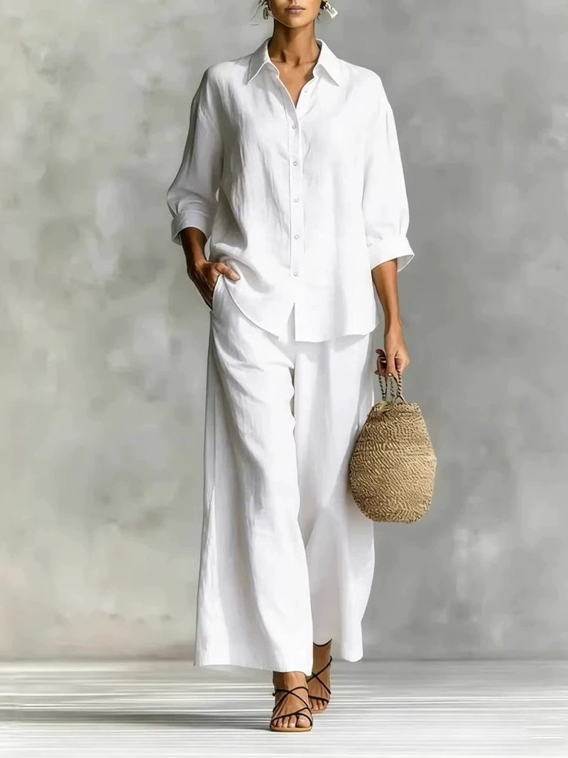 Women's New 7-Sleeve Shirt & W - Linen Pant Wide ulasan dan harga