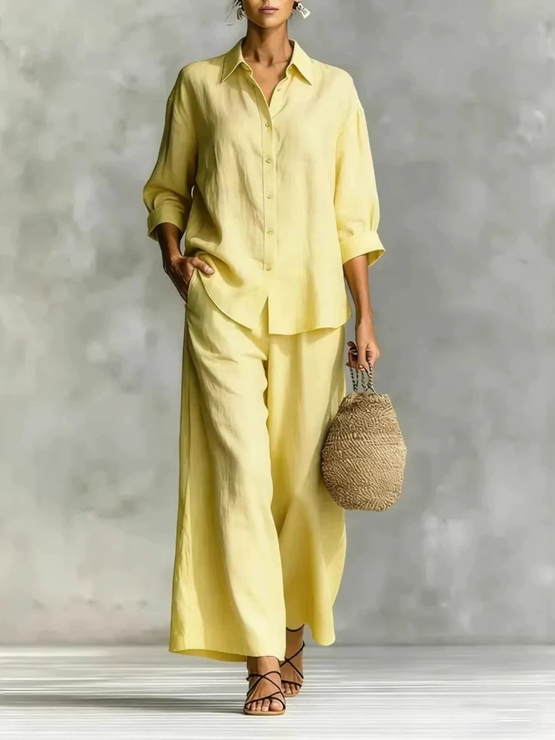 Women's New 7-Sleeve Shirt & W - Linen Pant Wide ulasan dan harga