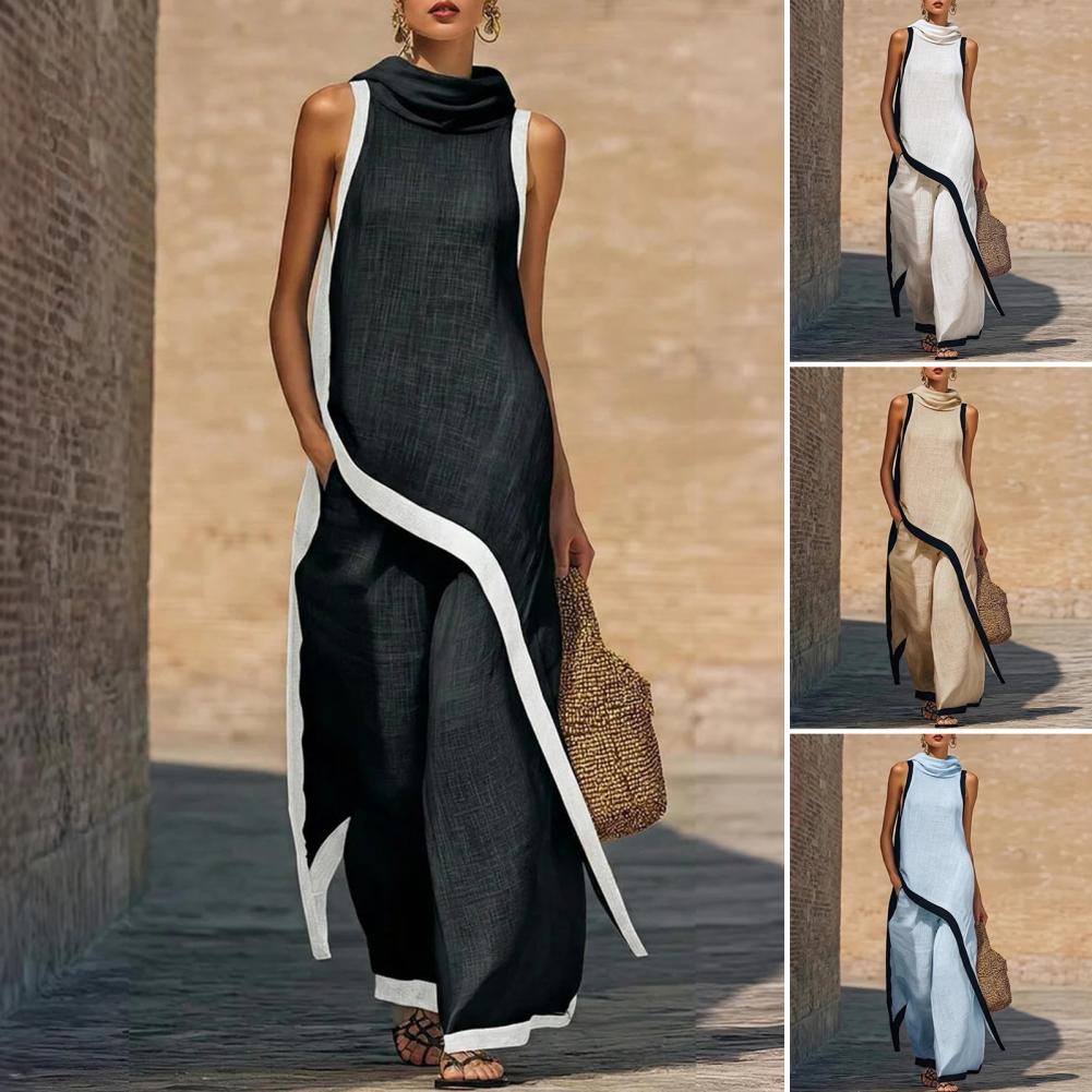 Women Color Block Cotton Linen - Linen Pant Wide ulasan dan harga