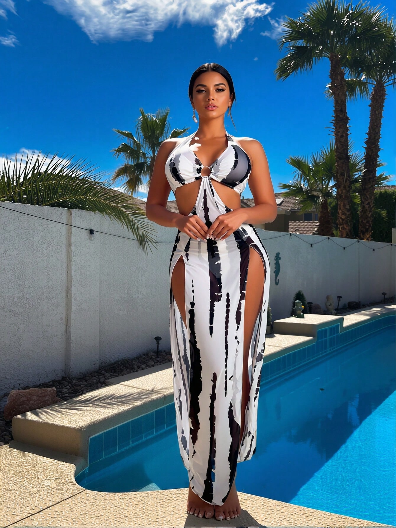 New Black White Tie Dye 3 Piec - Maxi Dress Halter ulasan dan harga