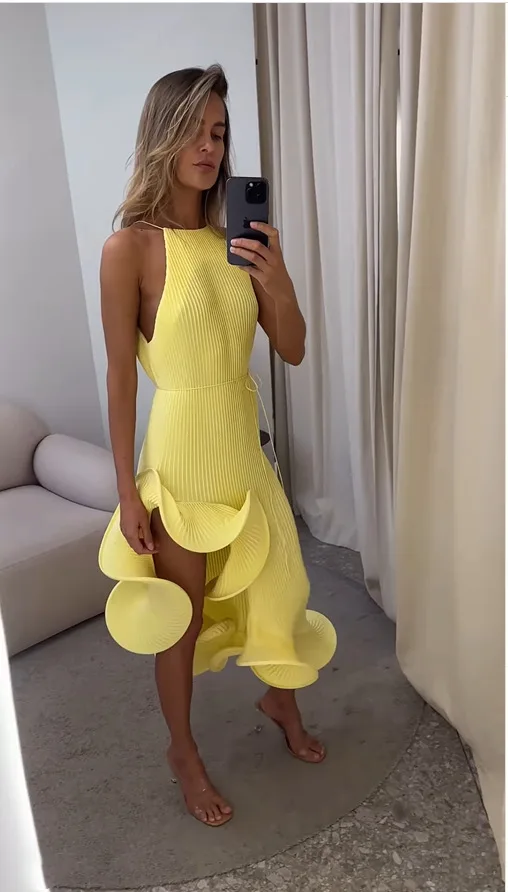Women Elegant Yellow Halter Ma - Maxi Dress Halter ulasan dan harga